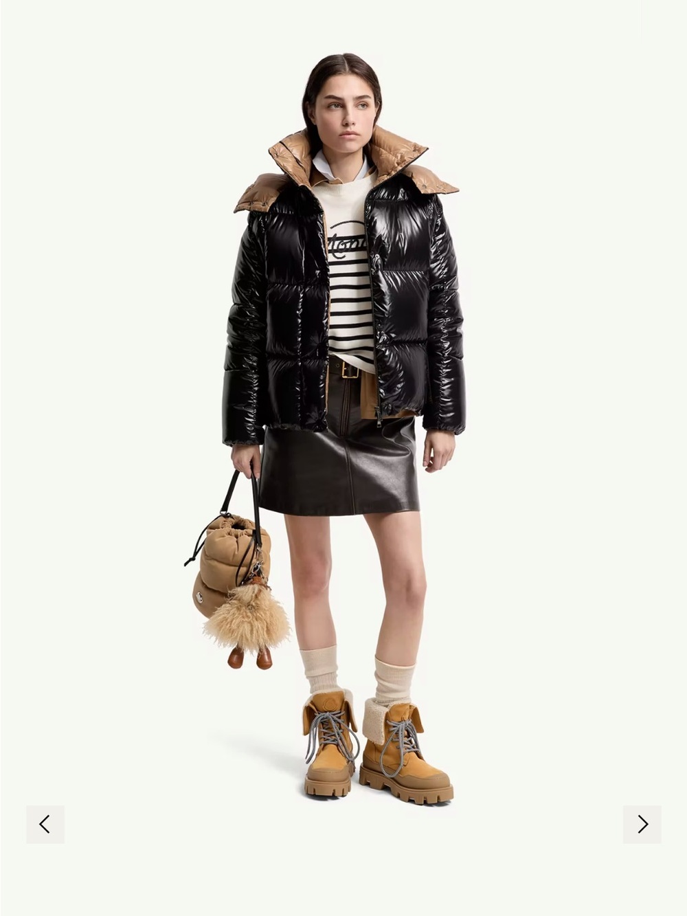 Moncler Black Glossy Puffer Jacket with Tan Contrast Collar